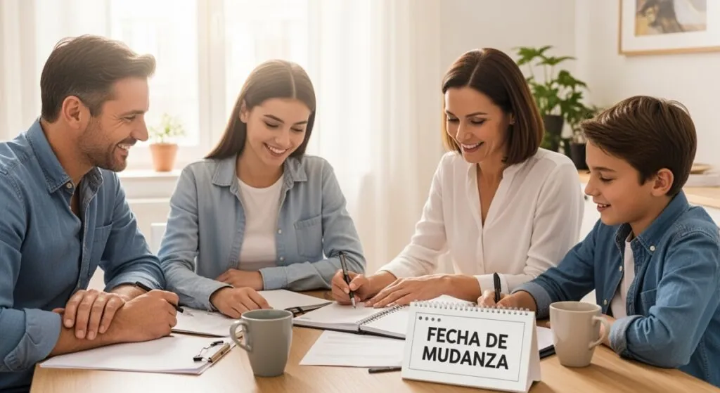 Una sonriente familia de cuatro miembros se sienta a una mesa con documentos y tazas de café, planificando su mudanza familiar paso a paso. Un calendario de escritorio muestra "FECHA DE MUDANZA". Parecen concentrados y felices en una habitación acogedora y bien iluminada con plantas al fondo.