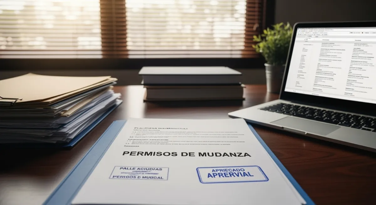 Un escritorio con una carpeta rotulada "PERMISOS DE MUDANZA" en español, sellos de aprobación, un ordenador portátil que muestra un documento de mudanza, libros apilados, una planta en una maceta y la luz del día que se cuela por las persianas de las ventanas del fondo.