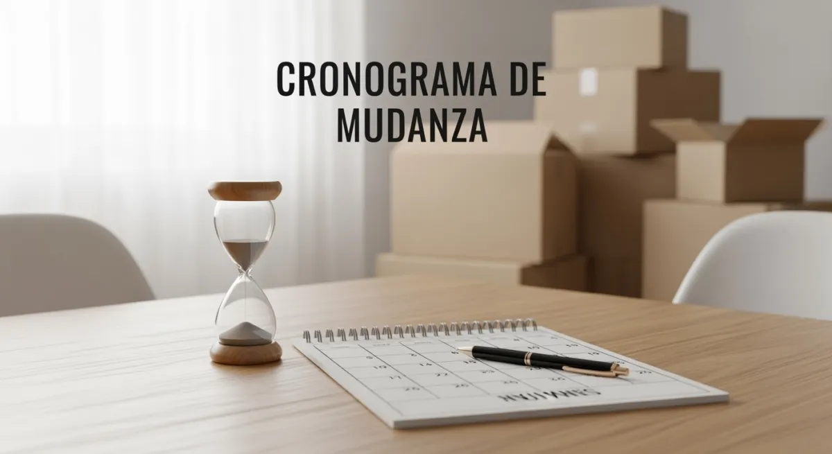 Un reloj de arena y un bolígrafo descansan sobre un calendario encima de una mesa de madera. Al fondo, se ven cajas de cartón apiladas y dos sillas blancas. La luz del sol se filtra a través de una cortina, sugiriendo un cronograma para evitar el estrés de última hora.